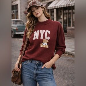 Burgundy NYC Sweater with Bear Design